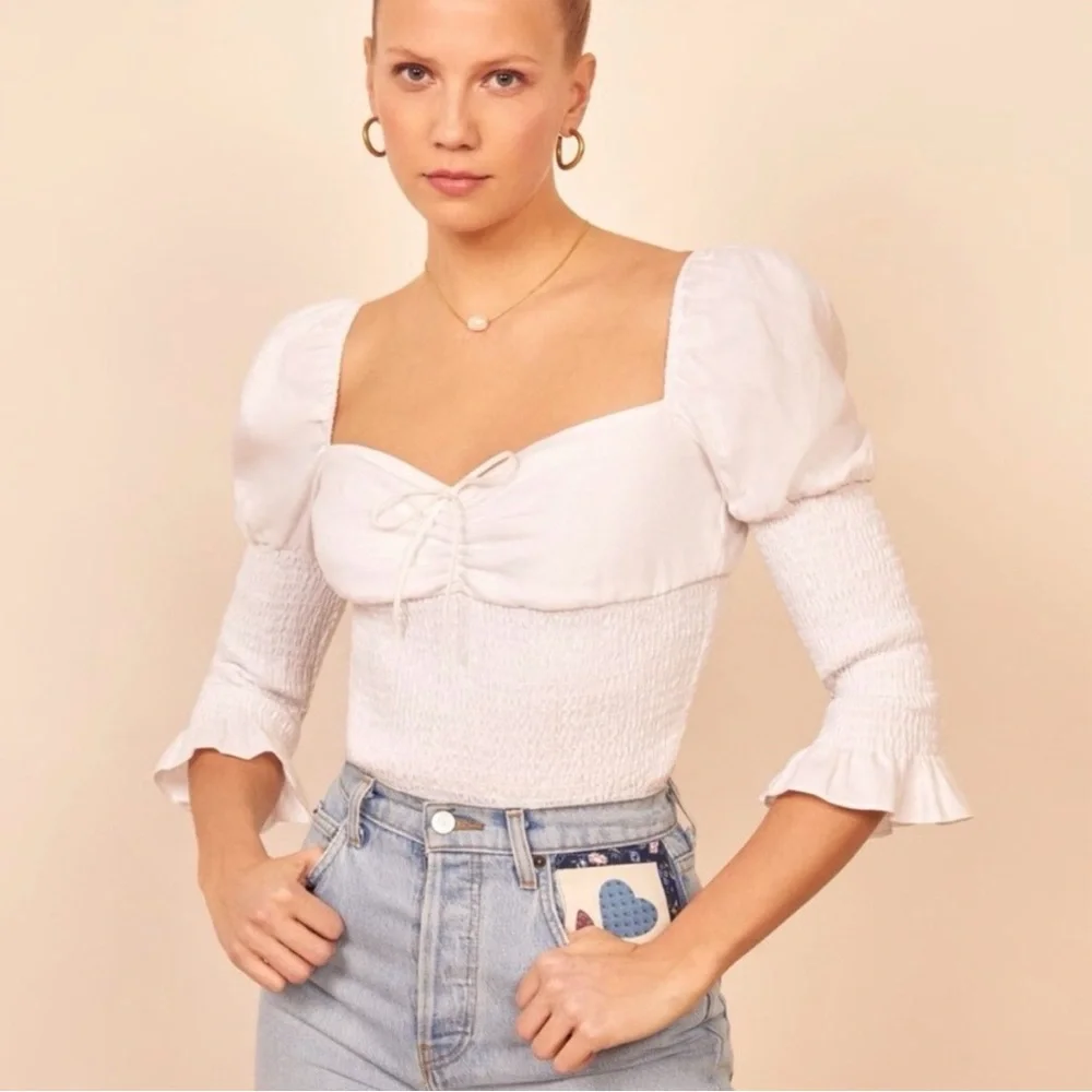 Reformation - Haven Top - 100% Linen - White Puff Sleeve Blouse